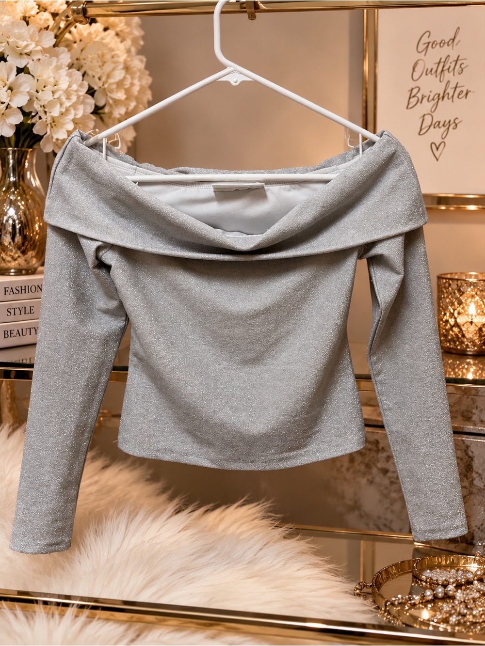 No Boundaries Off-Shoulder Silver Sparkle Long-Sleeve Top XXS